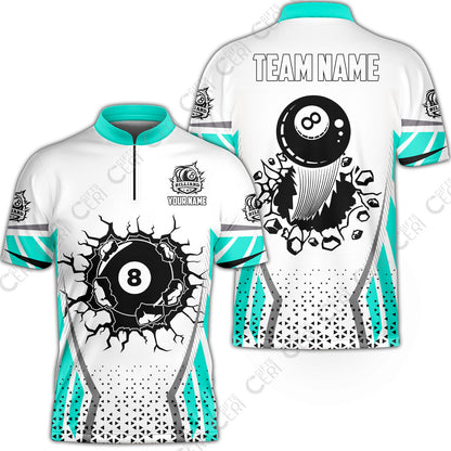 Customized 8 Ball Pool Stand Collar Quarter-Zip Short Sleeve Jersey, Billiard Triangle Pattern, 8-Ball Breaks The Wall, Billiard Jerseys