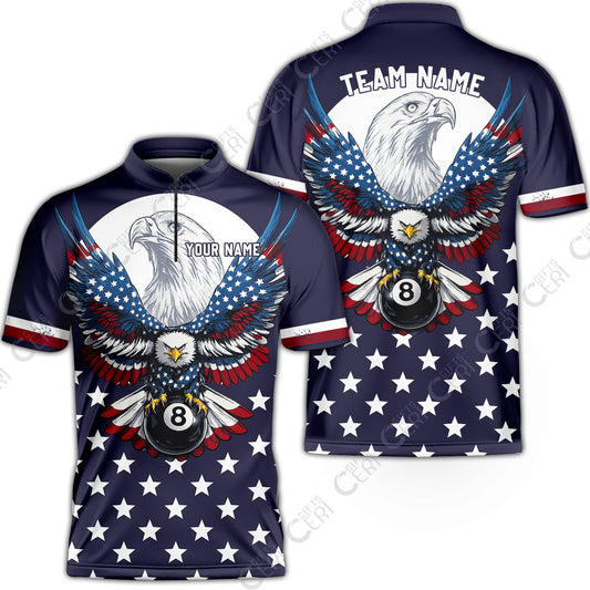 Customized 8 Ball Pool Stand Collar Quarter-Zip Short Sleeve Jersey, American Eagle Billiards 8-Ball, Personalized Billiards Jersey