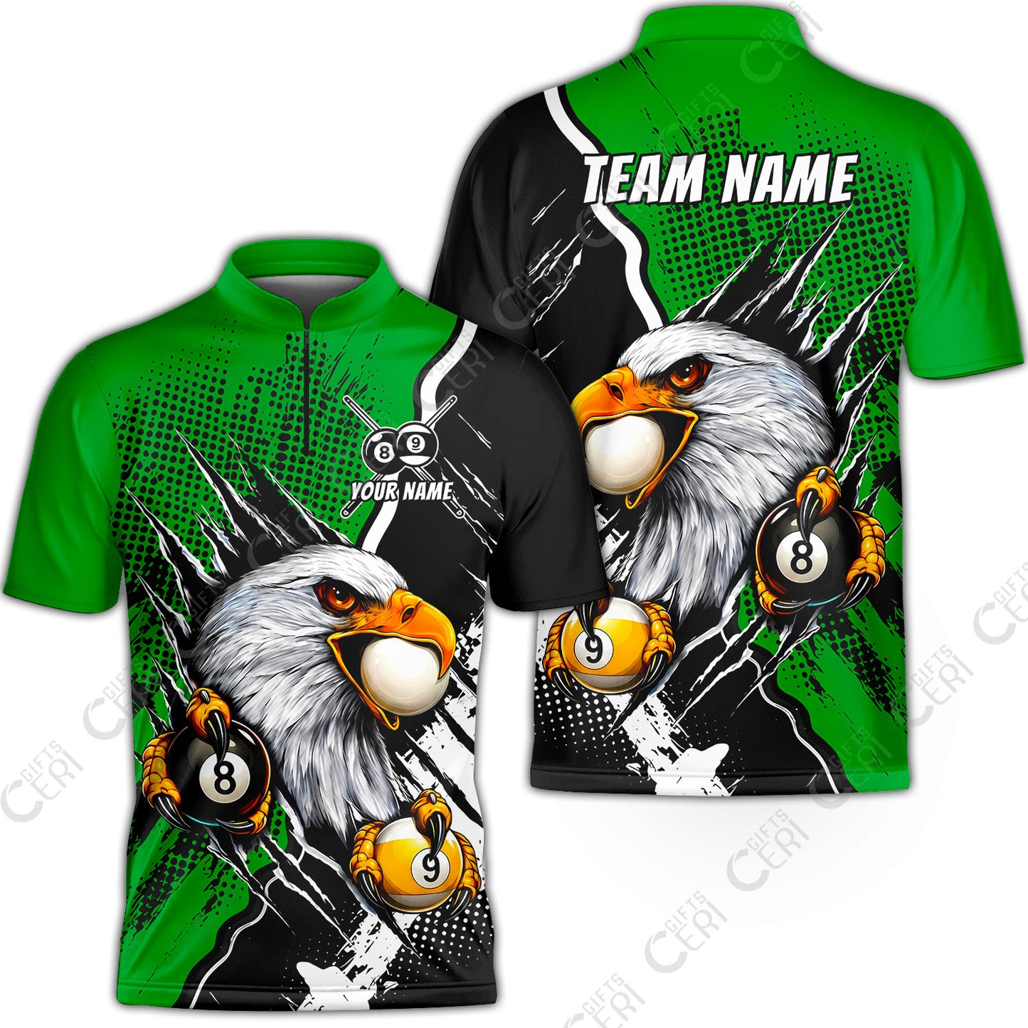 Customized Billiards Stand Collar Quarter-Zip Short Sleeve Jersey, 8 & 9 Ball Billiard Eagle Comic Dot Halftone Background Color, Billiards Jerseys