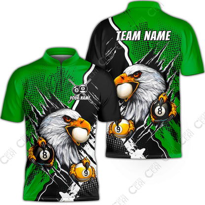 Customized Billiards Stand Collar Quarter-Zip Short Sleeve Jersey, 8 & 9 Ball Billiard Eagle Comic Dot Halftone Background Color, Billiards Jerseys