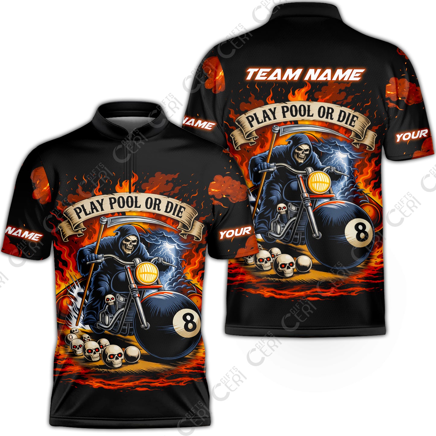 Customized 8 Ball Pool Stand Collar Quarter-Zip Short Sleeve Jersey, Billiards 8-Ball Hell Riders, Billiards Jerseys
