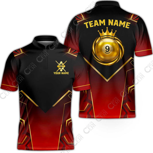 Customized 9 Ball Pool Stand Collar Quarter-Zip Short Sleeve Jersey, Tech-Futuristic 3 Scale 9-Ball, Personalized Billiards Jersey