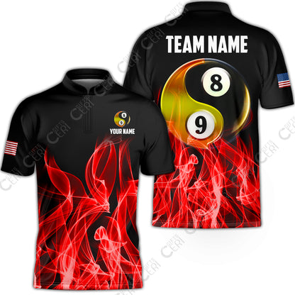 Customized Billiard Stand Collar Quarter-Zip Short Sleeve Jersey, Billiard 8-Ball And 9-Ball Yin-Yang Flame, Billiard Jerseys