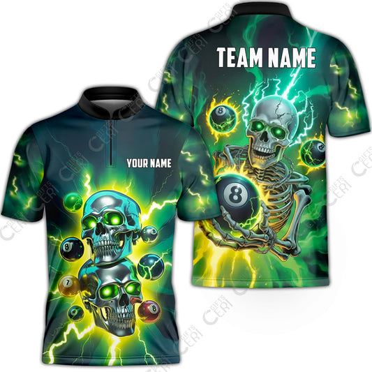 Customized 8 Ball Pool Stand Collar Quarter-Zip Short Sleeve Jersey, Billiards 8-Ball Thunder Skull, Billiards Jerseys