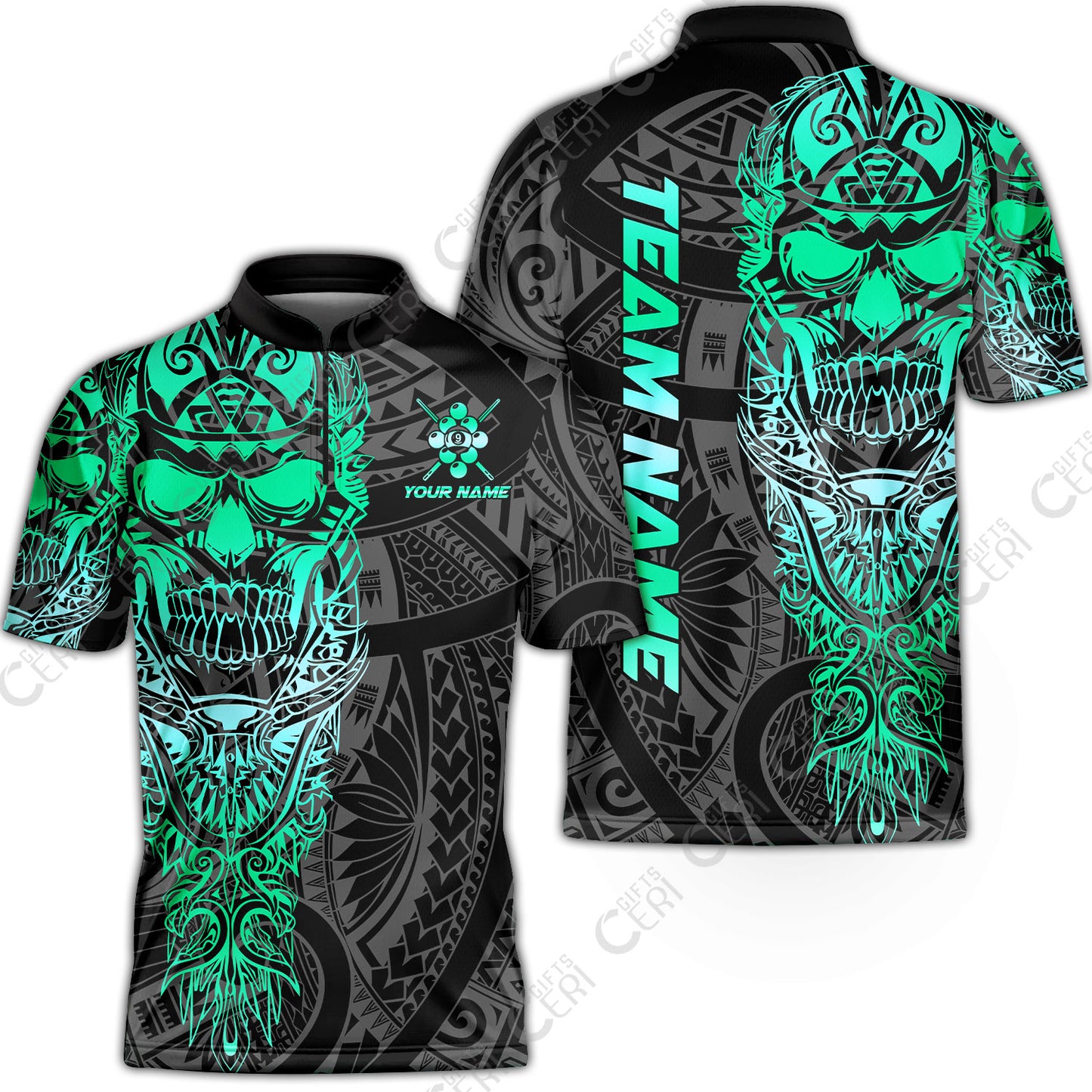 Customized 9 Ball Pool Stand Collar Quarter-Zip Short Sleeve Jersey, 9-Ball Billiard Ethnic Tribal Style Pattern, Billiards Jerseys