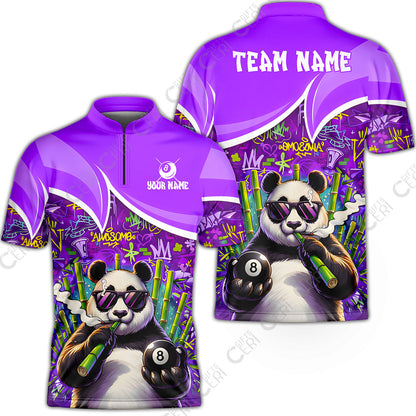 Customized 8 Ball Pool Stand Collar Quarter-Zip Short Sleeve Jersey, 8-Ball Panda Bamboo Billiards, Billiards Jerseys
