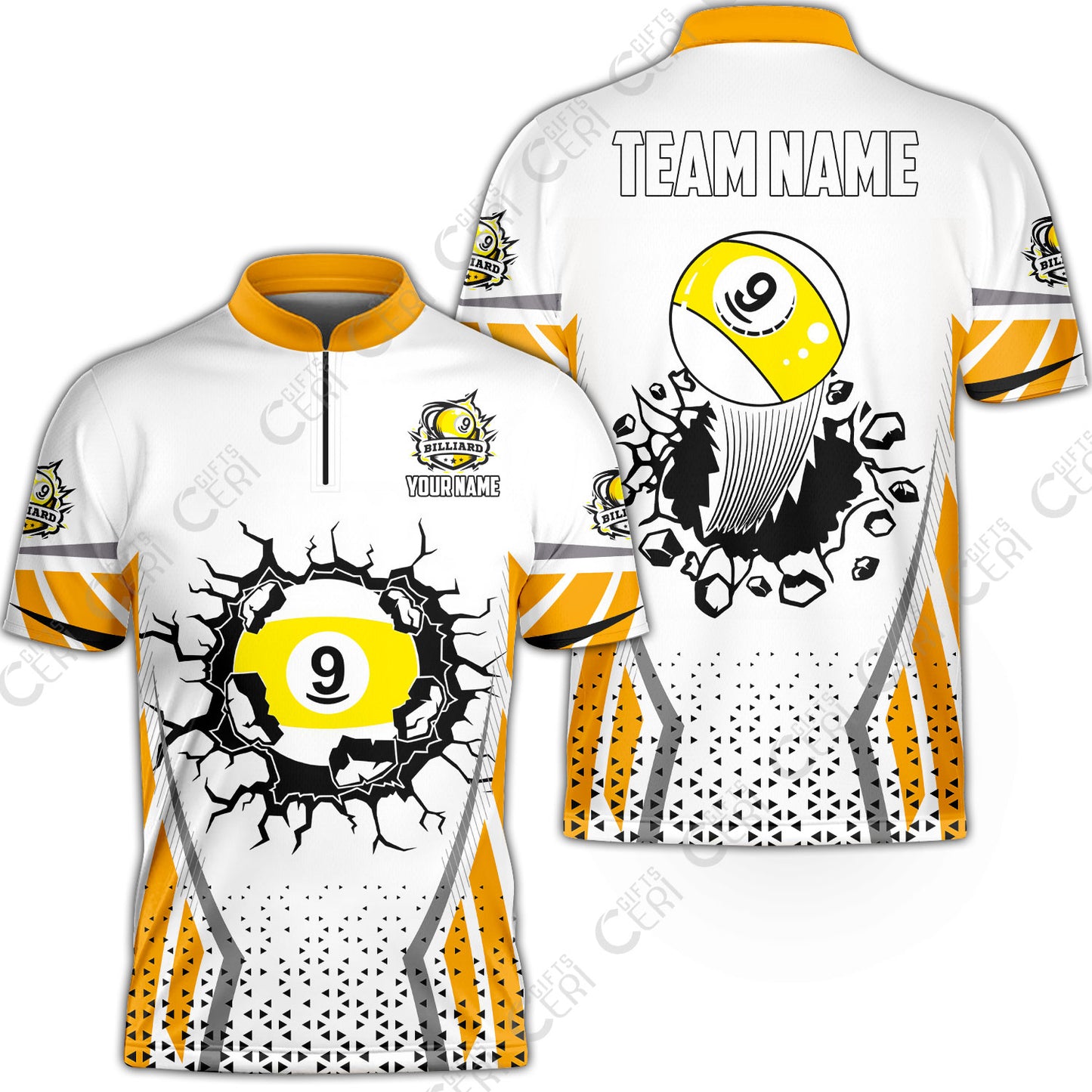 Customized 9 Ball Pool Stand Collar Quarter-Zip Short Sleeve Jersey, Billiard Triangle Pattern, 9-Ball Breaks The Wall, Billiard Jerseys