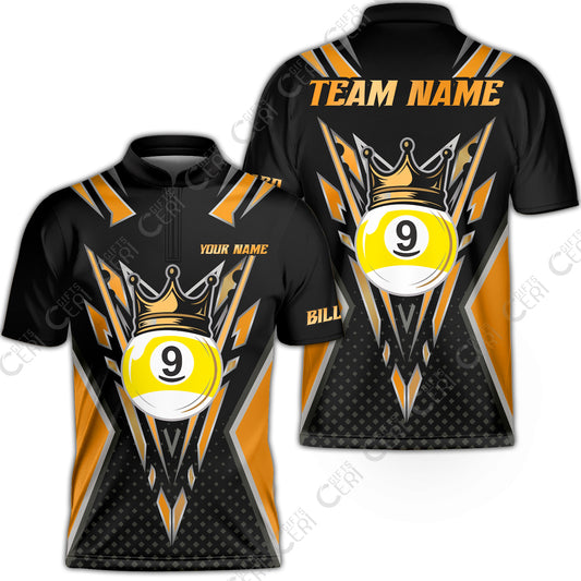 Customized 9 Ball Pool Stand Collar Quarter-Zip Short Sleeve Jersey, Billiard 9-Ball Crown, Billiard Jerseys