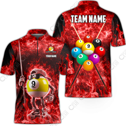 Customized 9 Ball Pool Stand Collar Quarter-Zip Short Sleeve Jersey, 9-Ball Wearing Cap And Sunglasses Flaming Burn, Billiard Jerseys