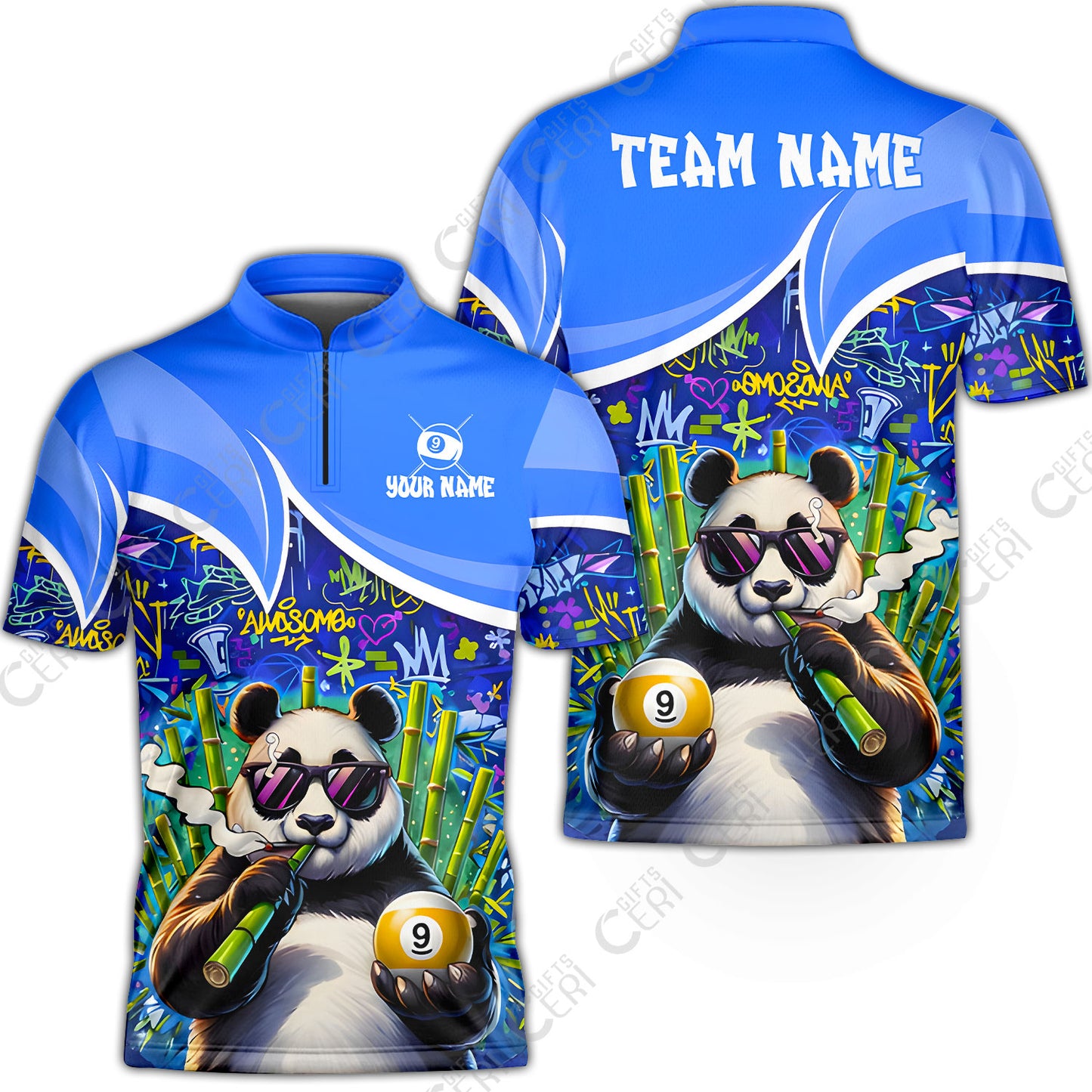 Customized 9 Ball Pool Stand Collar Quarter-Zip Short Sleeve Jersey, 9-Ball Panda Bamboo Billiards, Billiards Jerseys