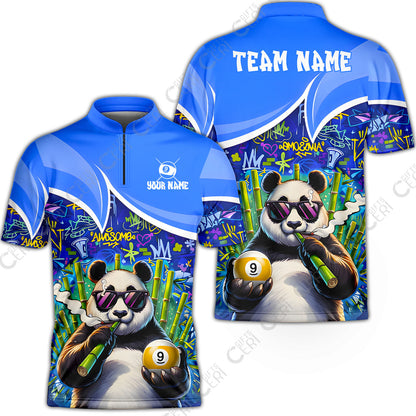 Customized 9 Ball Pool Stand Collar Quarter-Zip Short Sleeve Jersey, 9-Ball Panda Bamboo Billiards, Billiards Jerseys