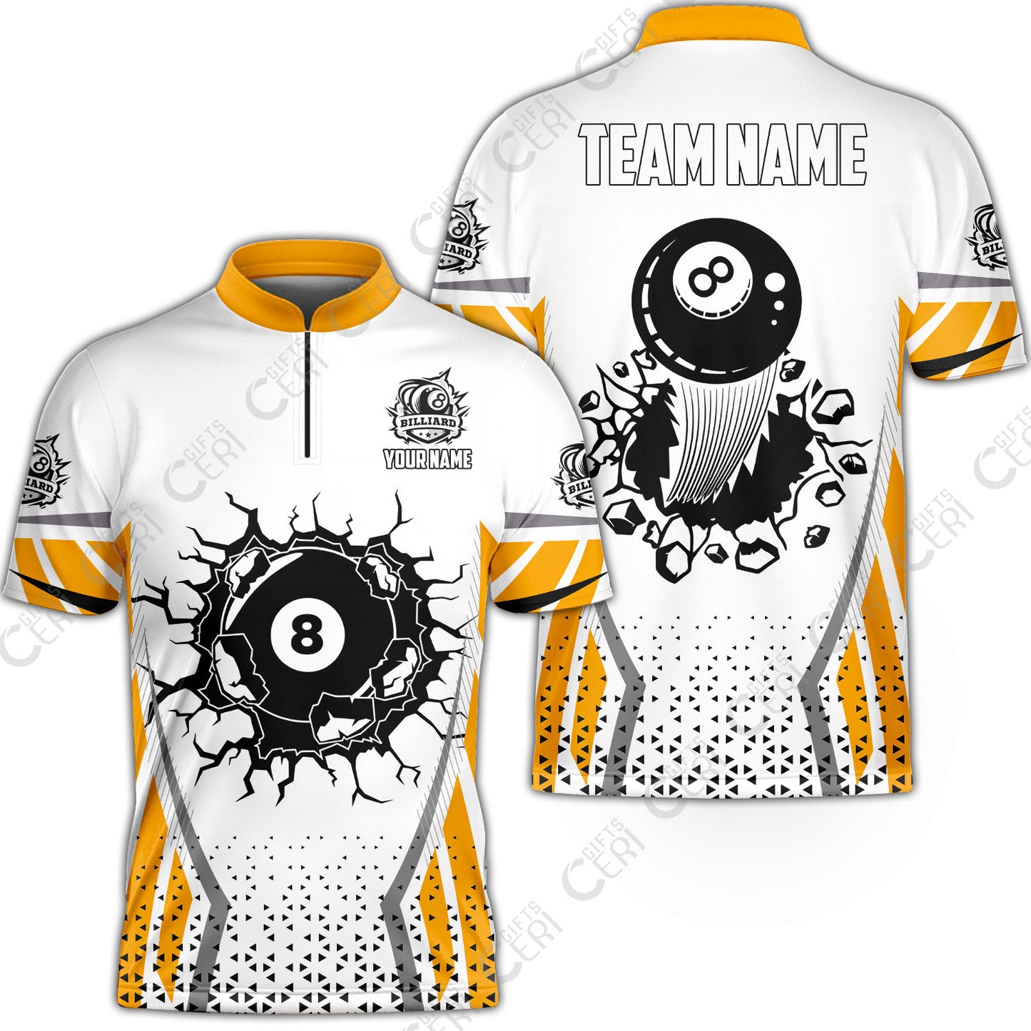 Customized 8 Ball Pool Stand Collar Quarter-Zip Short Sleeve Jersey, Billiard Triangle Pattern, 8-Ball Breaks The Wall, Billiard Jerseys