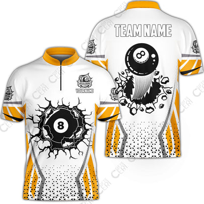 Customized 8 Ball Pool Stand Collar Quarter-Zip Short Sleeve Jersey, Billiard Triangle Pattern, 8-Ball Breaks The Wall, Billiard Jerseys