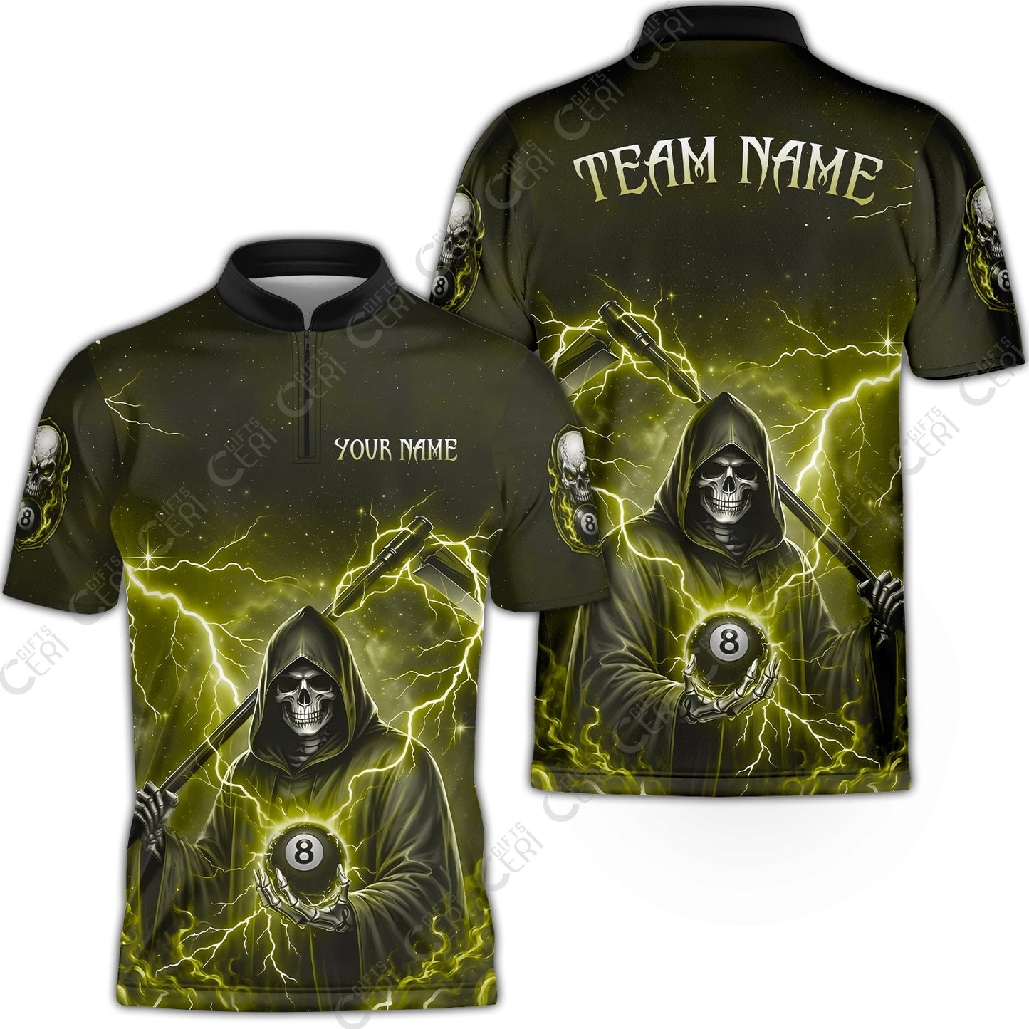 Customized 8 Ball Pool Stand Collar Quarter-Zip Short Sleeve Jersey, Lightning And Flame Grim Reaper With 8 Ball, Personalized Billiards Jersey