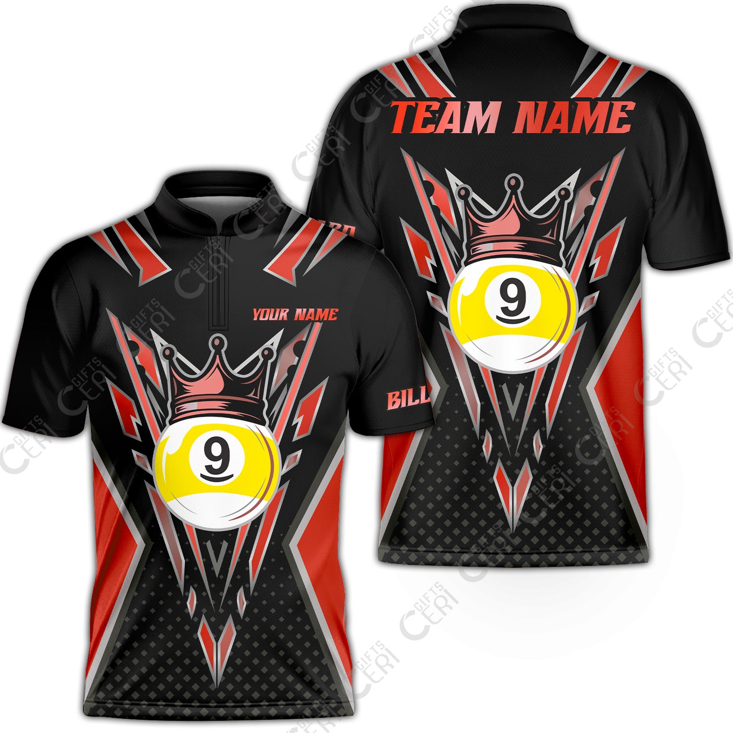 Customized 9 Ball Pool Stand Collar Quarter-Zip Short Sleeve Jersey, Billiard 9-Ball Crown, Billiard Jerseys