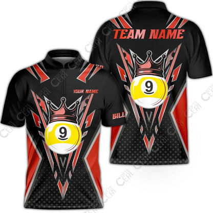 Customized 9 Ball Pool Stand Collar Quarter-Zip Short Sleeve Jersey, Billiard 9-Ball Crown, Billiard Jerseys