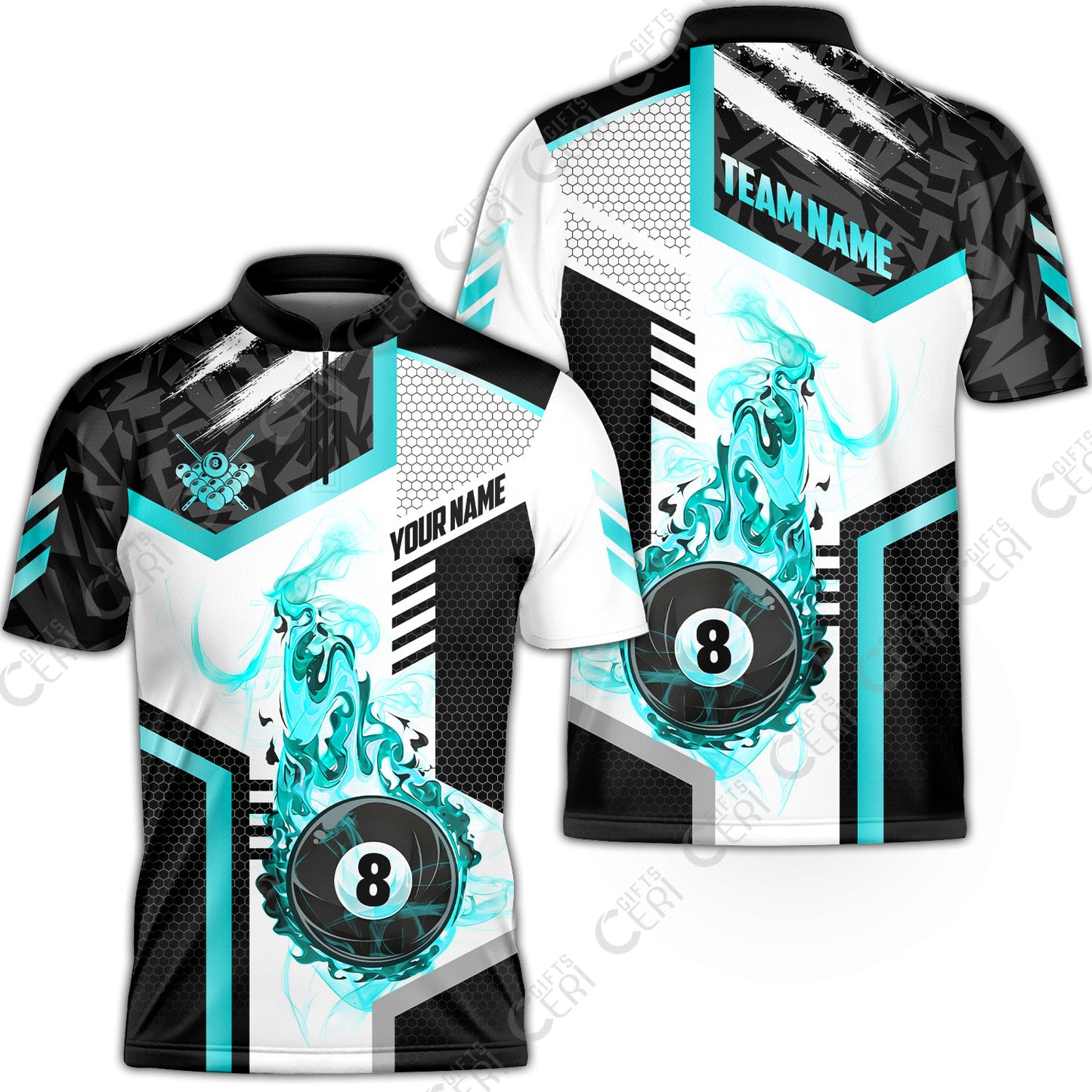 Customized Billiards Stand Collar Quarter-Zip Short Sleeve Jersey, Flaming 8-Ball Graphic, 8 Ball Pool Jersey