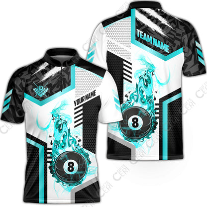 Customized Billiards Stand Collar Quarter-Zip Short Sleeve Jersey, Flaming 8-Ball Graphic, 8 Ball Pool Jersey