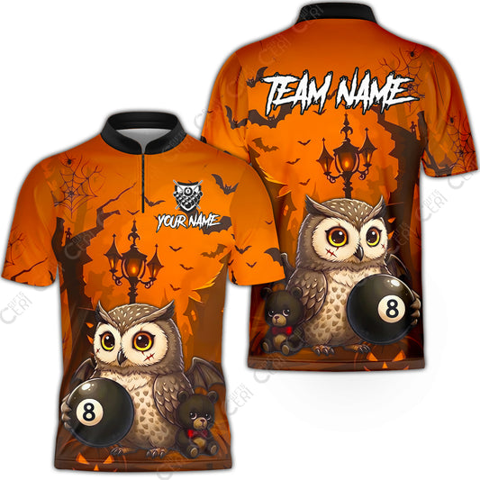 Customized 8 Ball Pool Stand Collar Quarter-Zip Short Sleeve Jersey, Halloween Owl Holding 8-Ball, Personalized Billiards Jersey
