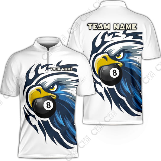 Customized 8 Ball Pool Stand Collar Quarter-Zip Short Sleeve Jersey, Eagle Eye 8-Ball, Personalized Billiards Jersey