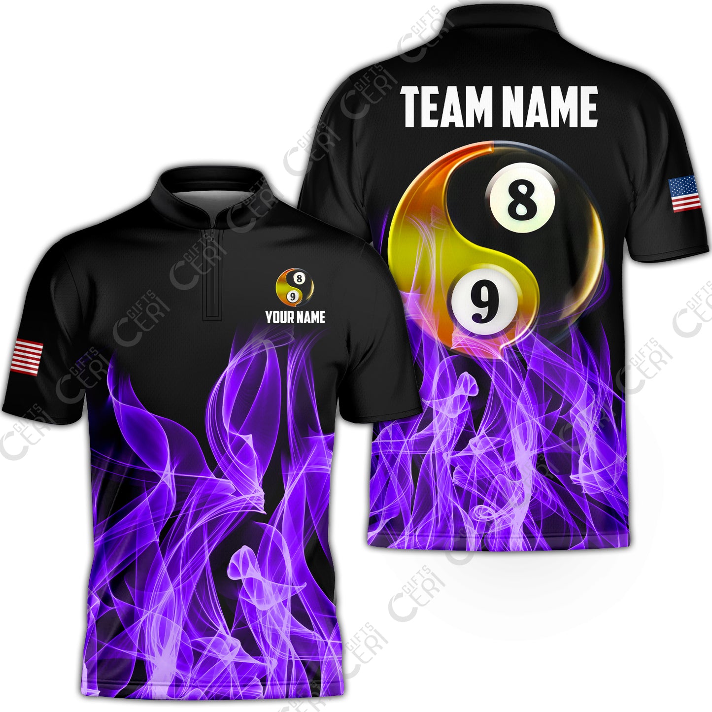 Customized Billiard Stand Collar Quarter-Zip Short Sleeve Jersey, Billiard 8-Ball And 9-Ball Yin-Yang Flame, Billiard Jerseys
