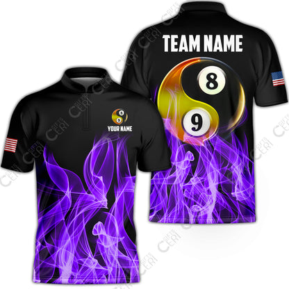 Customized Billiard Stand Collar Quarter-Zip Short Sleeve Jersey, Billiard 8-Ball And 9-Ball Yin-Yang Flame, Billiard Jerseys