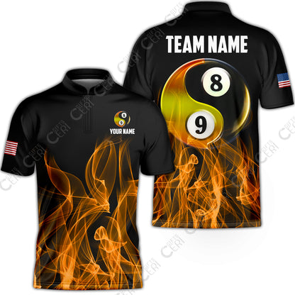 Customized Billiard Stand Collar Quarter-Zip Short Sleeve Jersey, Billiard 8-Ball And 9-Ball Yin-Yang Flame, Billiard Jerseys