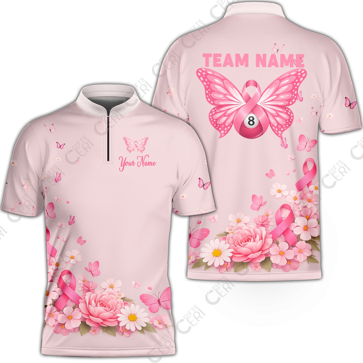Customized 8 Ball Pool Stand Collar Quarter-Zip Short Sleeve Jersey, Floral Butterfly Billiards 8-Ball, Personalized Billiards Jersey