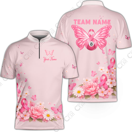Customized 8 Ball Pool Stand Collar Quarter-Zip Short Sleeve Jersey, Floral Butterfly Billiards 8-Ball, Personalized Billiards Jersey