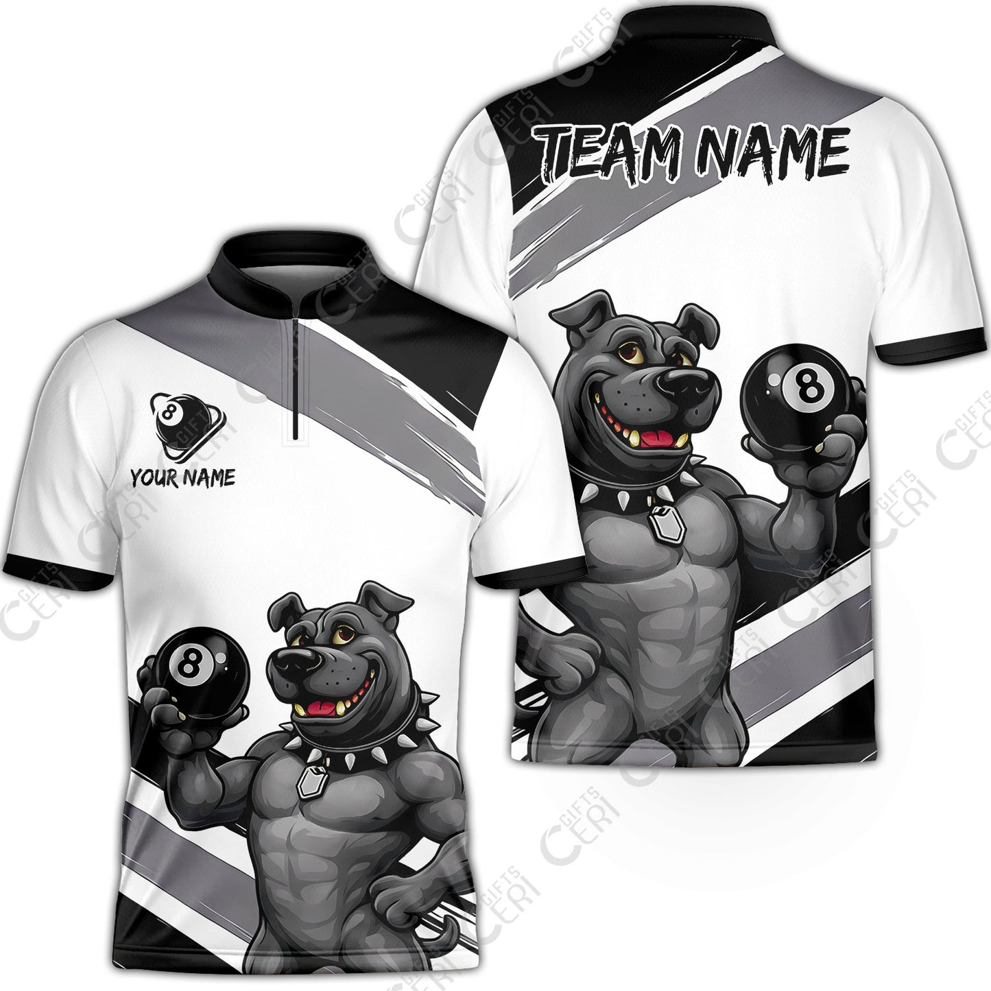 Customized Billiards Stand Collar Quarter-Zip Short Sleeve Jersey, Personalized Pitbull 8 Ball Jersey Gift For Billiard Players