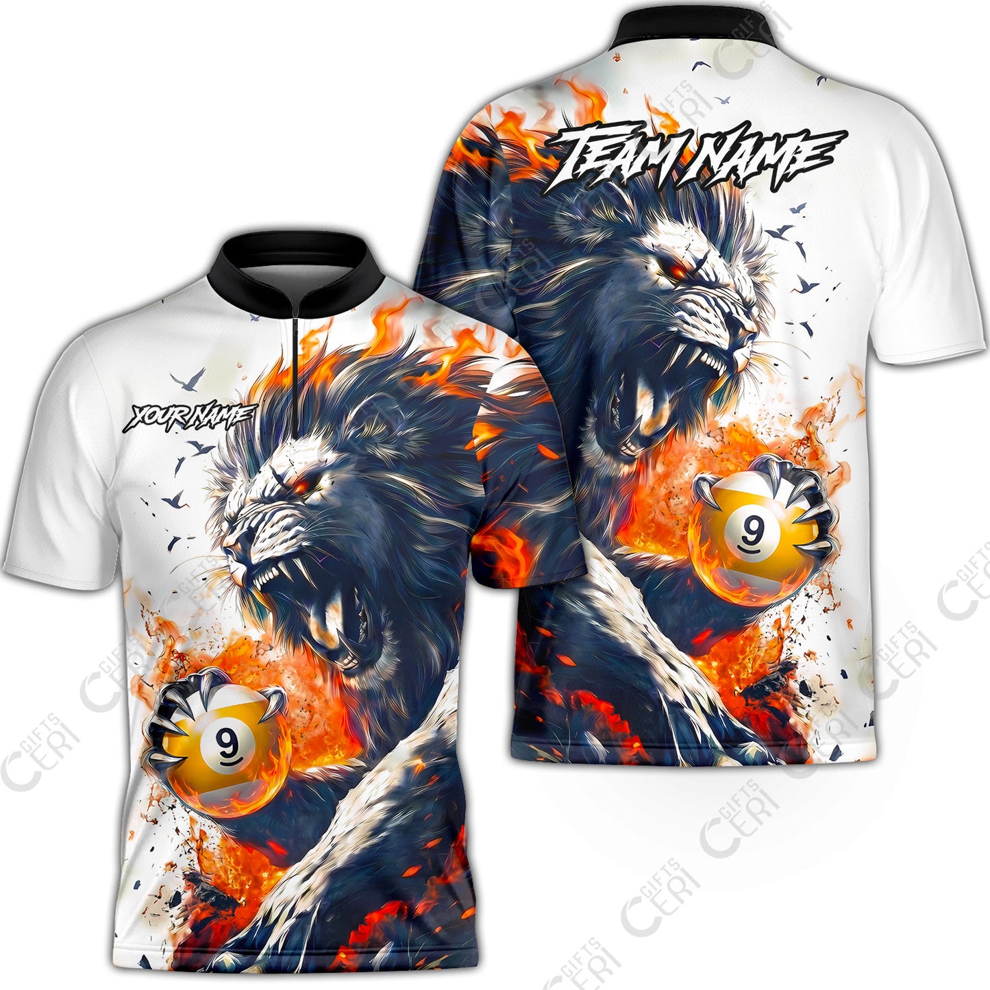 Customized 9 Ball Pool Stand Collar Quarter-Zip Short Sleeve Jersey, Lion Fire Lava 9-Ball, Personalized Billiards Jersey