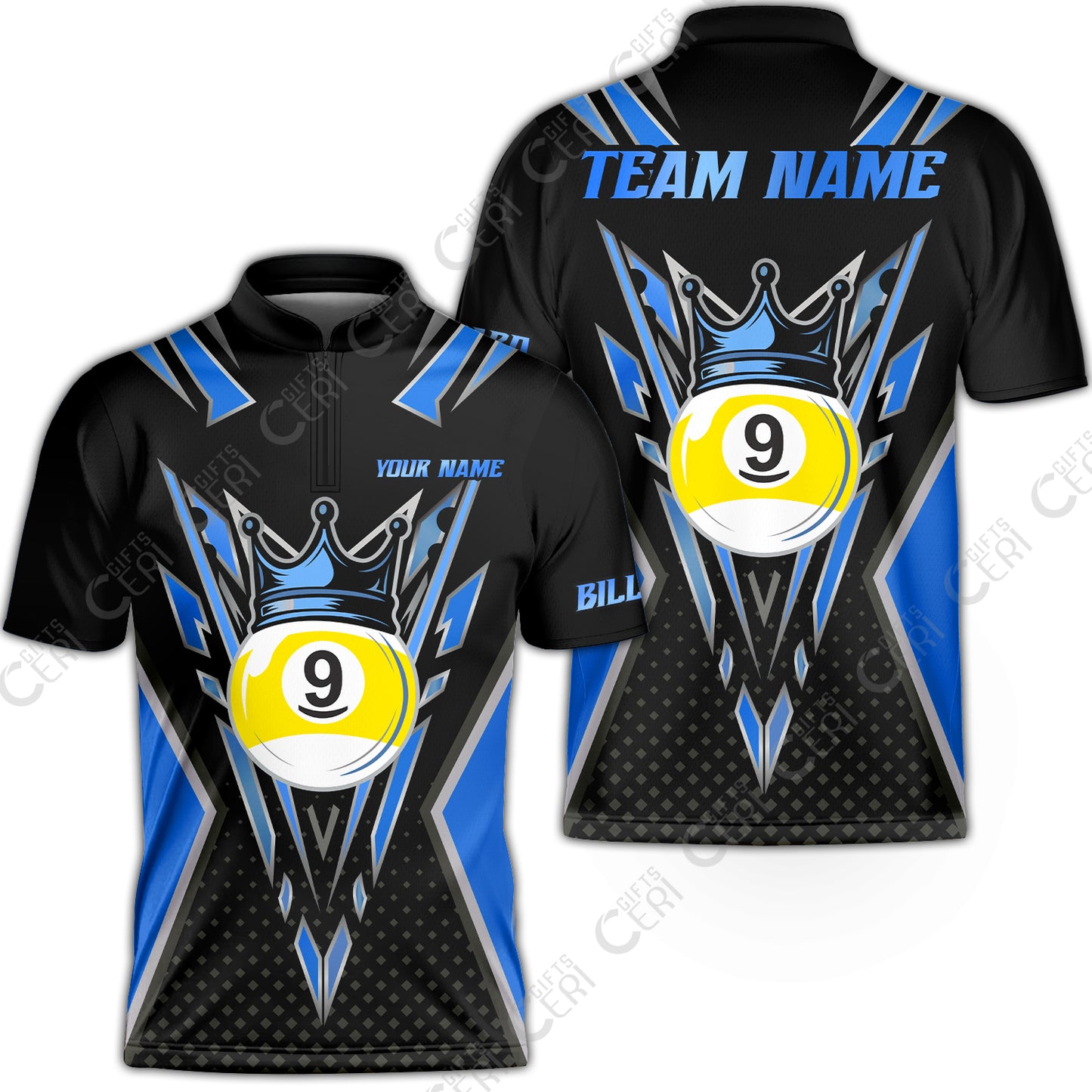 Customized 9 Ball Pool Stand Collar Quarter-Zip Short Sleeve Jersey, Billiard 9-Ball Crown, Billiard Jerseys