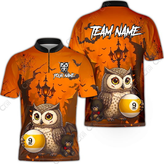 Customized 9 Ball Pool Stand Collar Quarter-Zip Short Sleeve Jersey, Halloween Owl Holding 9-Ball, Personalized Billiards Jersey