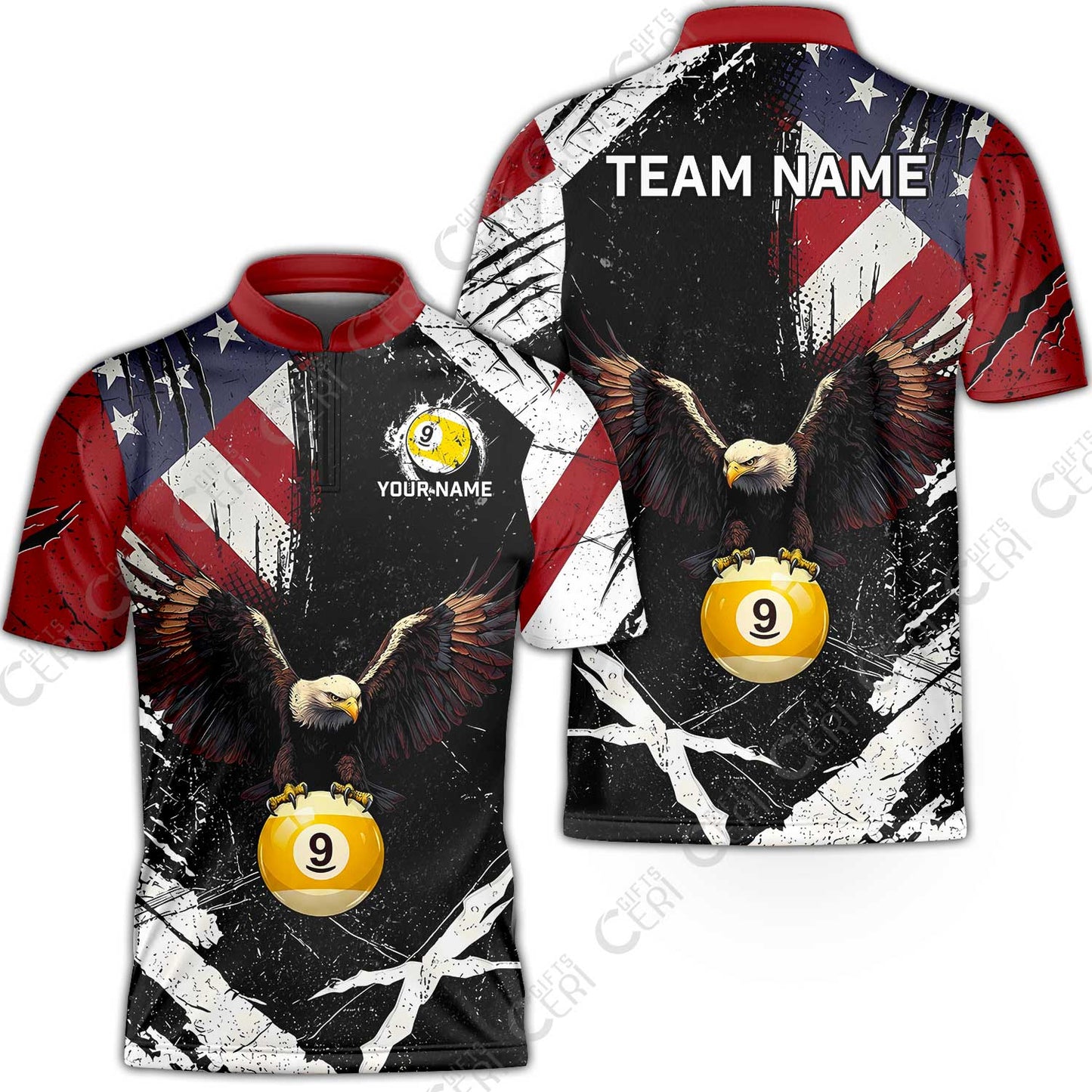 Customized 9 Ball Pool Stand Collar Quarter-Zip Short Sleeve Jersey, Eagle Billiard American Flag 9-ball, Personalized Billiards Jersey