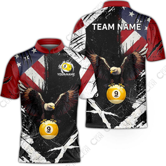 Customized 9 Ball Pool Stand Collar Quarter-Zip Short Sleeve Jersey, Eagle Billiard American Flag 9-ball, Personalized Billiards Jersey
