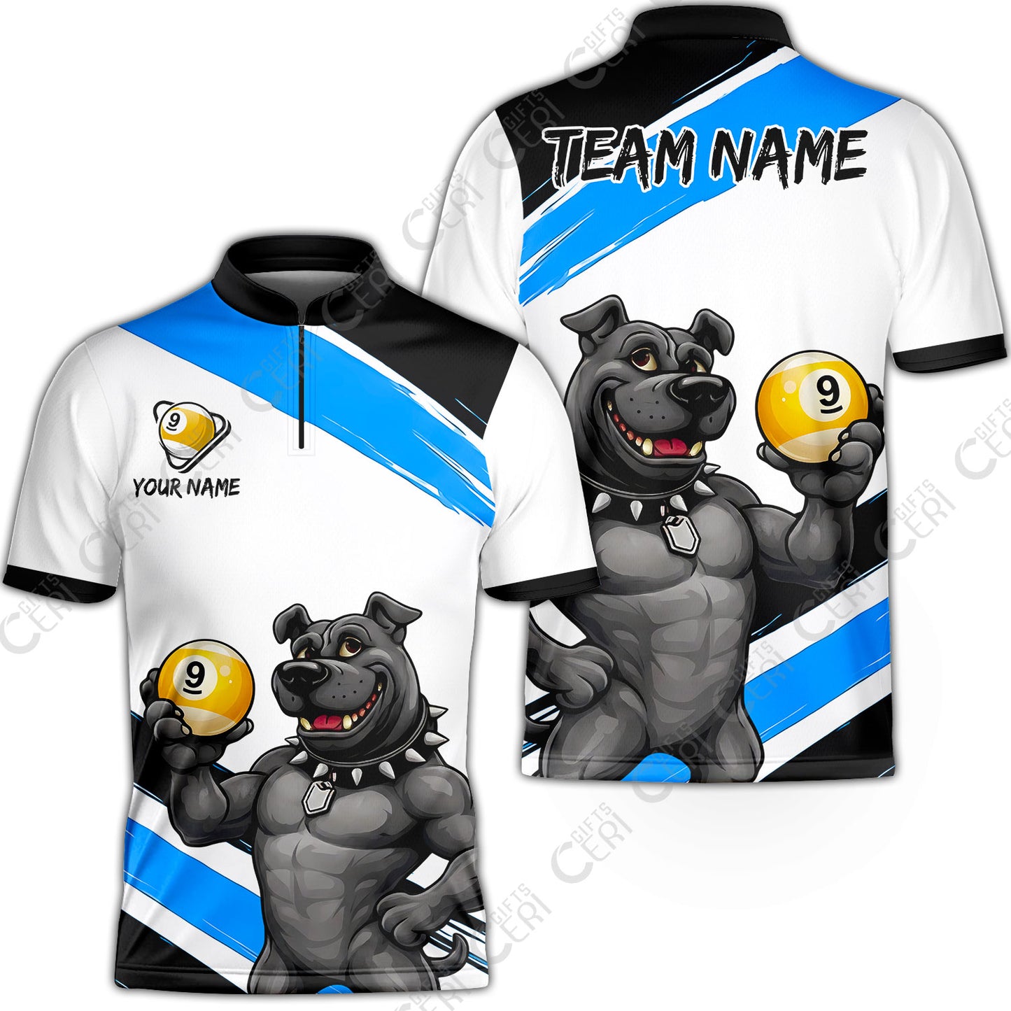 Customized Billiards Stand Collar Quarter-Zip Short Sleeve Jersey, Personalized Pitbull 9 Ball Jersey Gift For Billiard Players