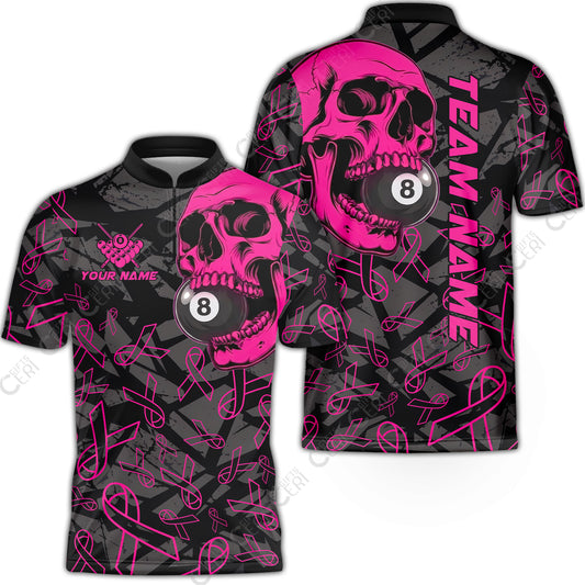 Customized 8 Ball Pool Stand Collar Quarter-Zip Short Sleeve Jersey, Billiard Pink Skull, Personalized Billiards Jersey