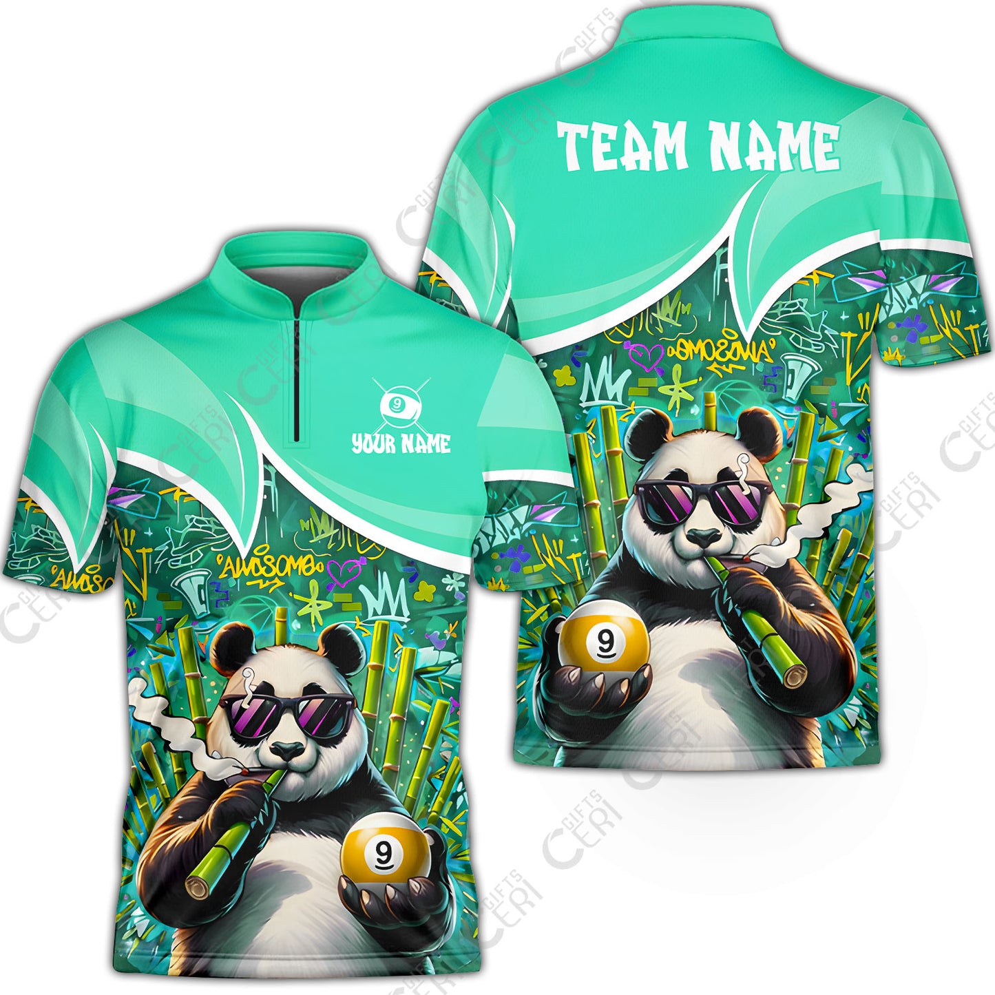 Customized 9 Ball Pool Stand Collar Quarter-Zip Short Sleeve Jersey, 9-Ball Panda Bamboo Billiards, Billiards Jerseys