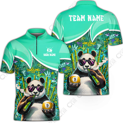 Customized 9 Ball Pool Stand Collar Quarter-Zip Short Sleeve Jersey, 9-Ball Panda Bamboo Billiards, Billiards Jerseys