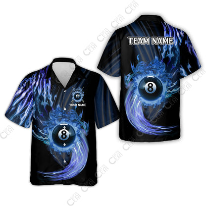 Customized 8 Ball Pool Hawaiian Shirt, 8-Ball Swirling Fire And Glowing Smoke, Billiards Jerseys