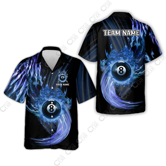 Customized 8 Ball Pool Hawaiian Shirt, 8-Ball Swirling Fire And Glowing Smoke, Billiards Jerseys