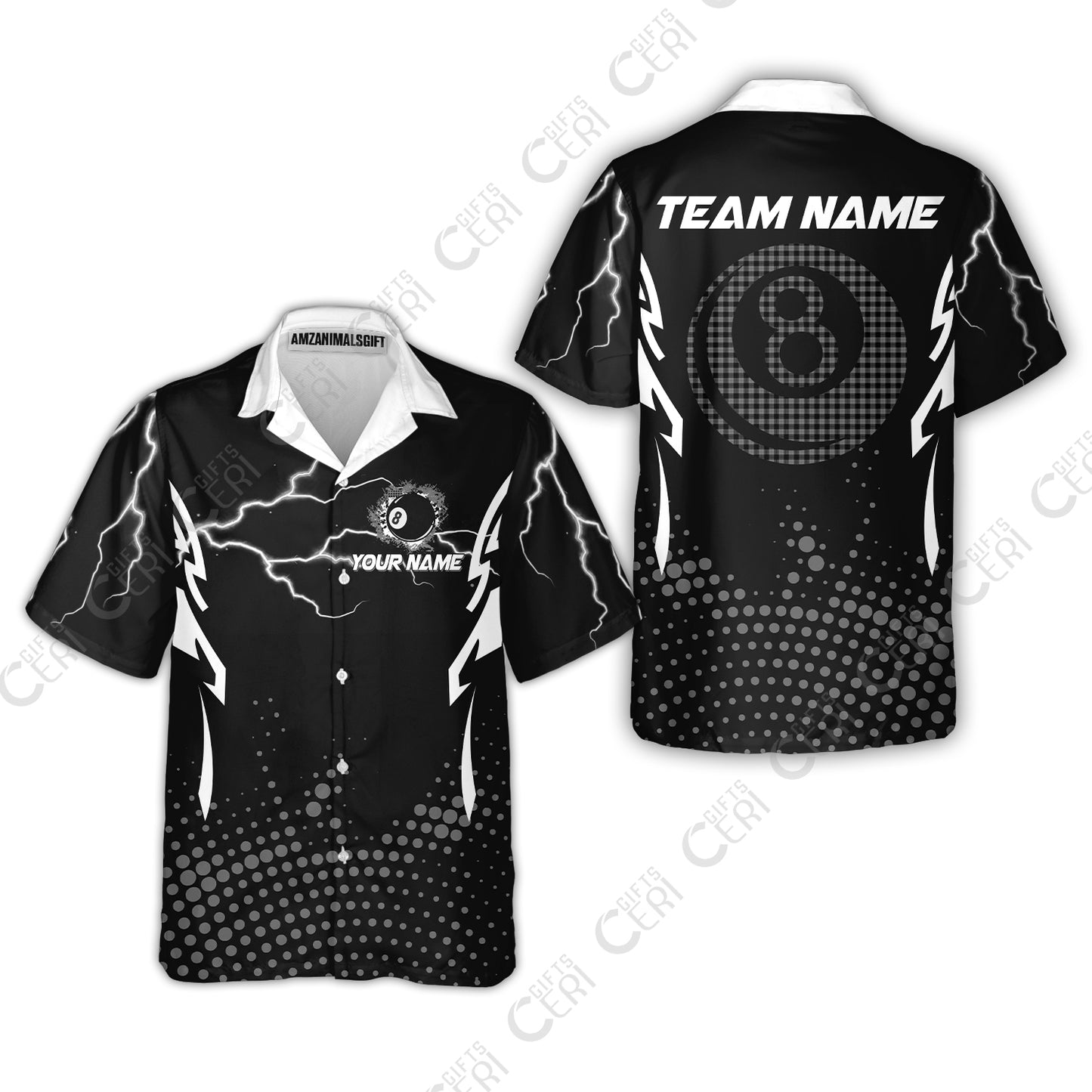 Customized Billiards Hawaiian Shirt, Lightning Graphics With Dots 8 Ball Pool Jersey