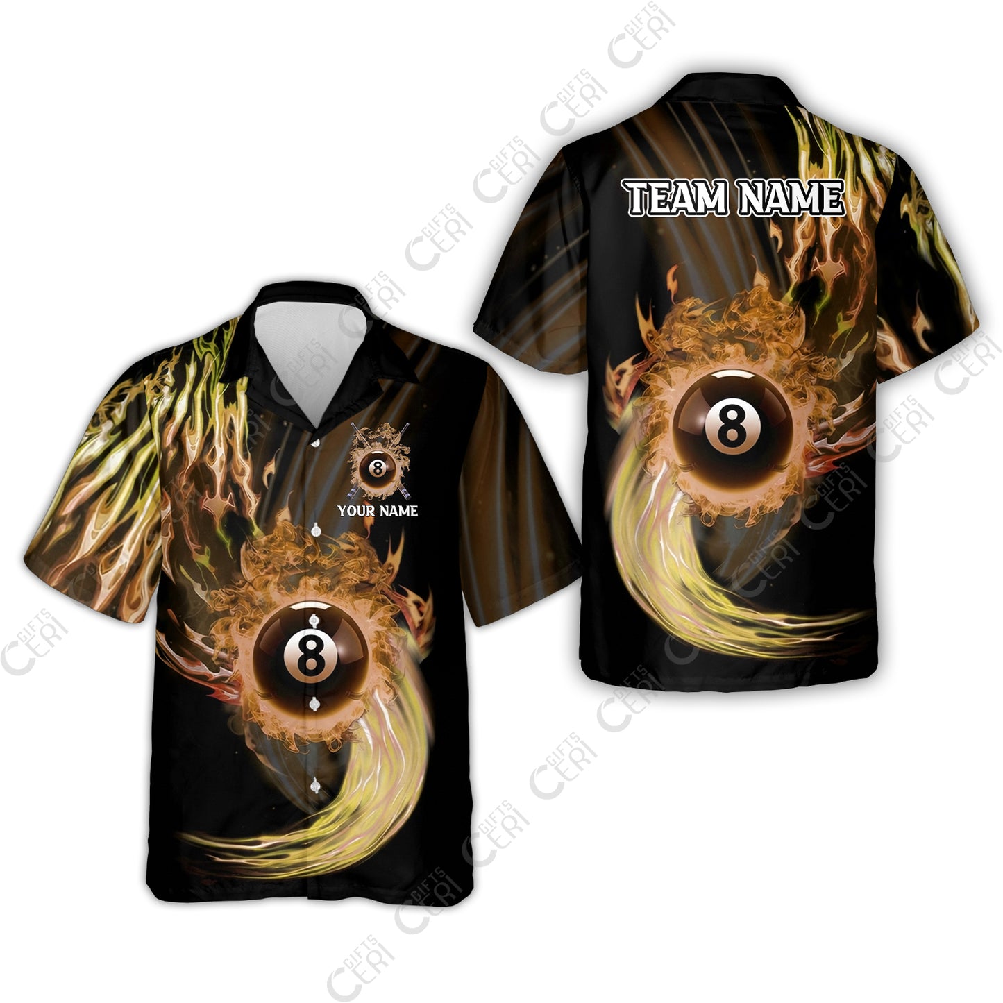 Customized 8 Ball Pool Hawaiian Shirt, 8-Ball Swirling Fire And Glowing Smoke, Billiards Jerseys