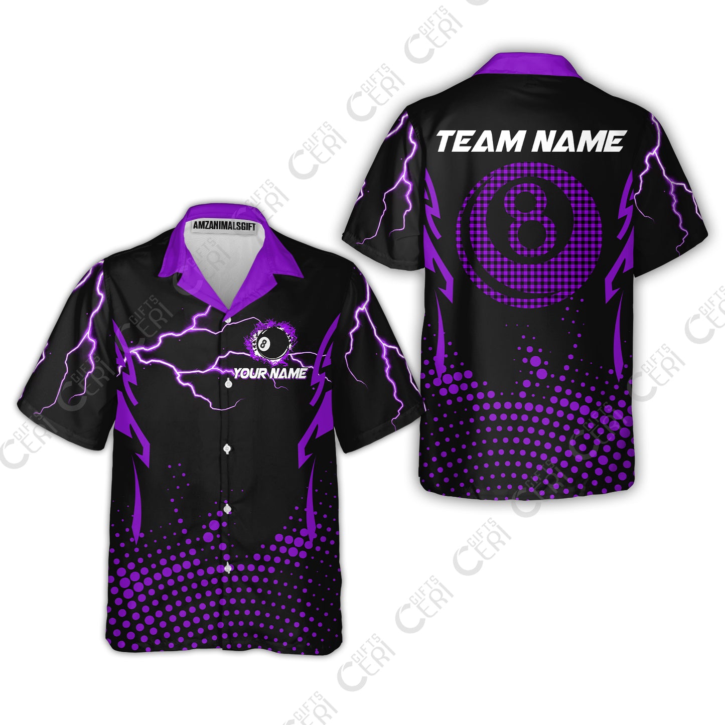 Customized Billiards Hawaiian Shirt, Lightning Graphics With Dots 8 Ball Pool Jersey