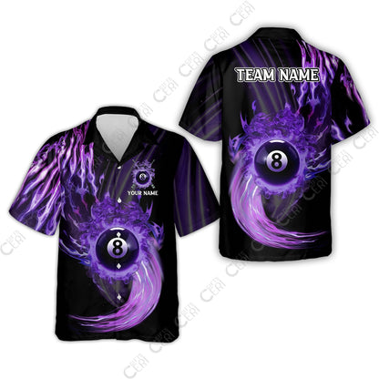Customized 8 Ball Pool Hawaiian Shirt, 8-Ball Swirling Fire And Glowing Smoke, Billiards Jerseys