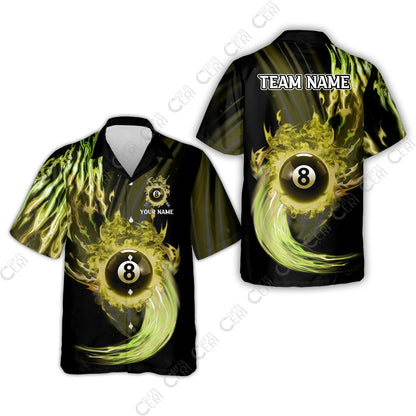 Customized 8 Ball Pool Hawaiian Shirt, 8-Ball Swirling Fire And Glowing Smoke, Billiards Jerseys