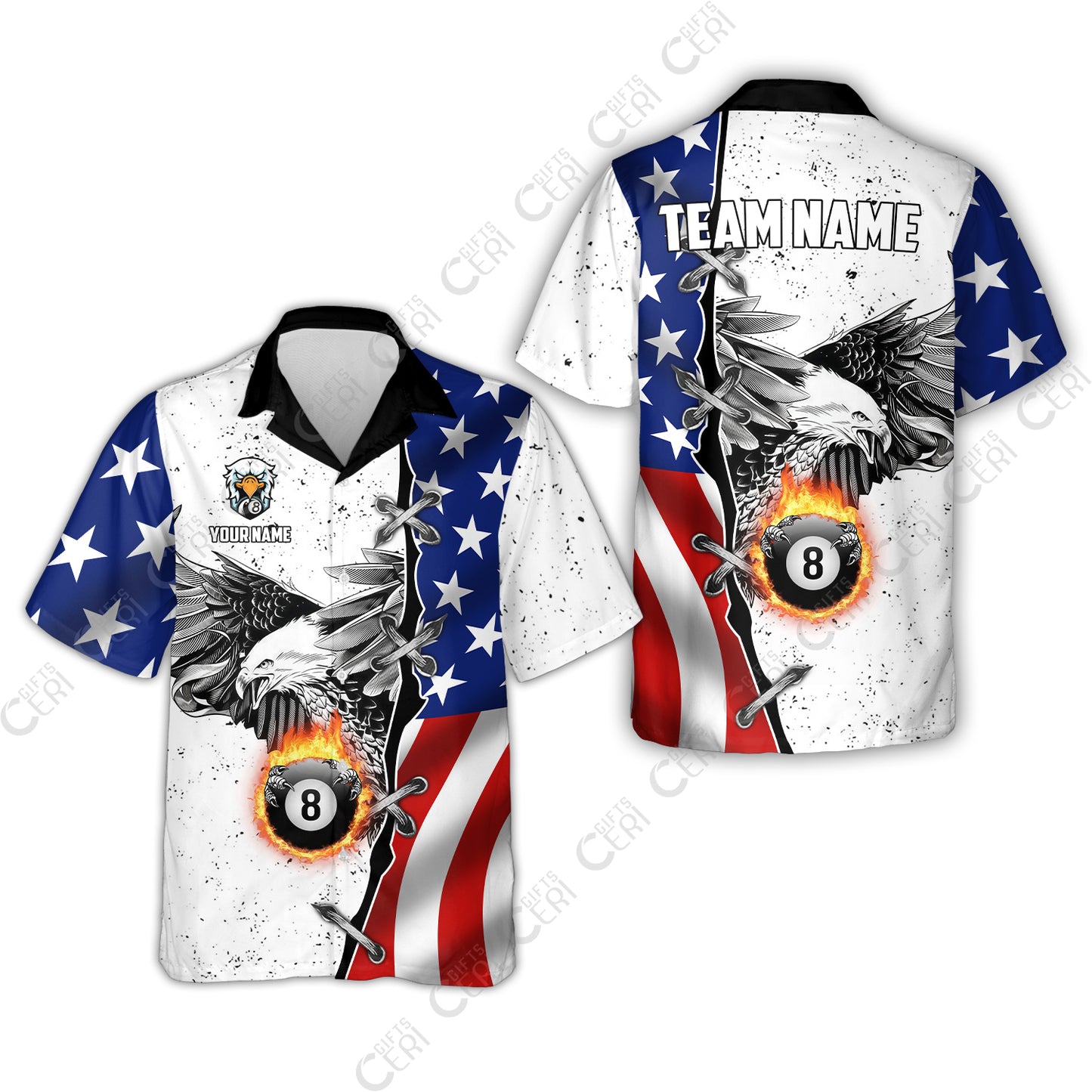 Customized Billiards Hawaiian Shirt, US Flag White Eagle Flame Pin Dust Pattern Personalized Billiard 8 Ball Jersey