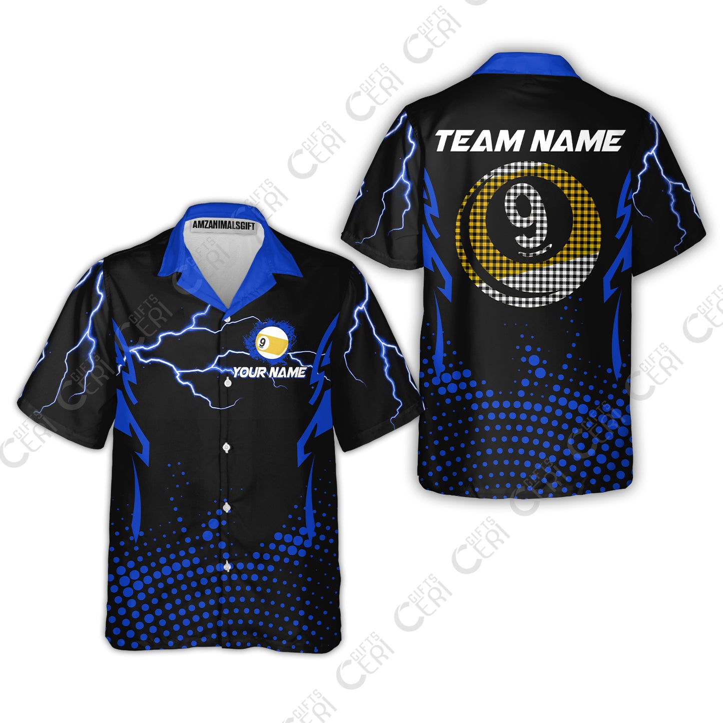 Customized Billiards Hawaiian Shirt, Lightning Graphics With Dots 9 Ball Pool Jersey