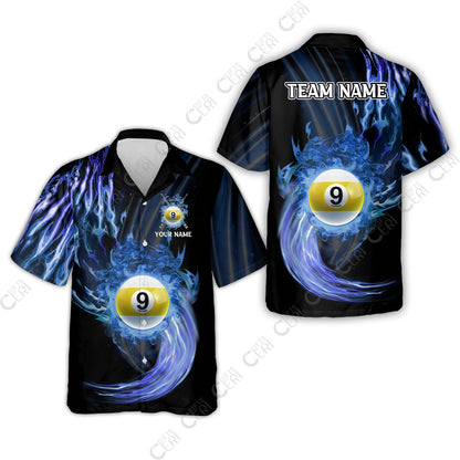 Customized 9 Ball Pool Hawaiian Shirt, 9-Ball Swirling Fire And Glowing Smoke, Billiards Jerseys