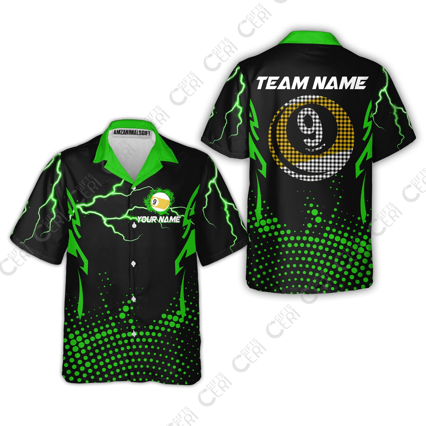 Customized Billiards Hawaiian Shirt, Lightning Graphics With Dots 9 Ball Pool Jersey